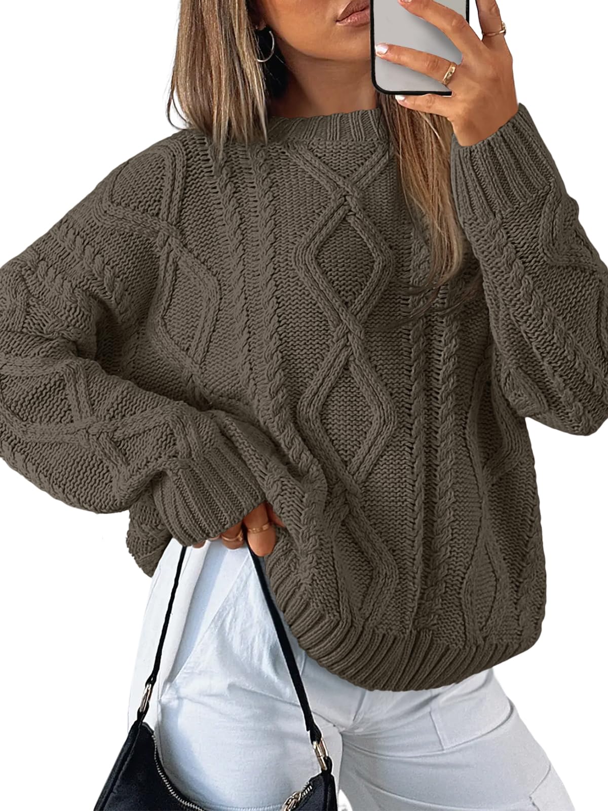 Women's Oversized Cable Knit Crewneck Sweater