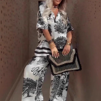 Ensemble Décontracté à Imprimé Élégant – Haut Col V et Pantalon Large