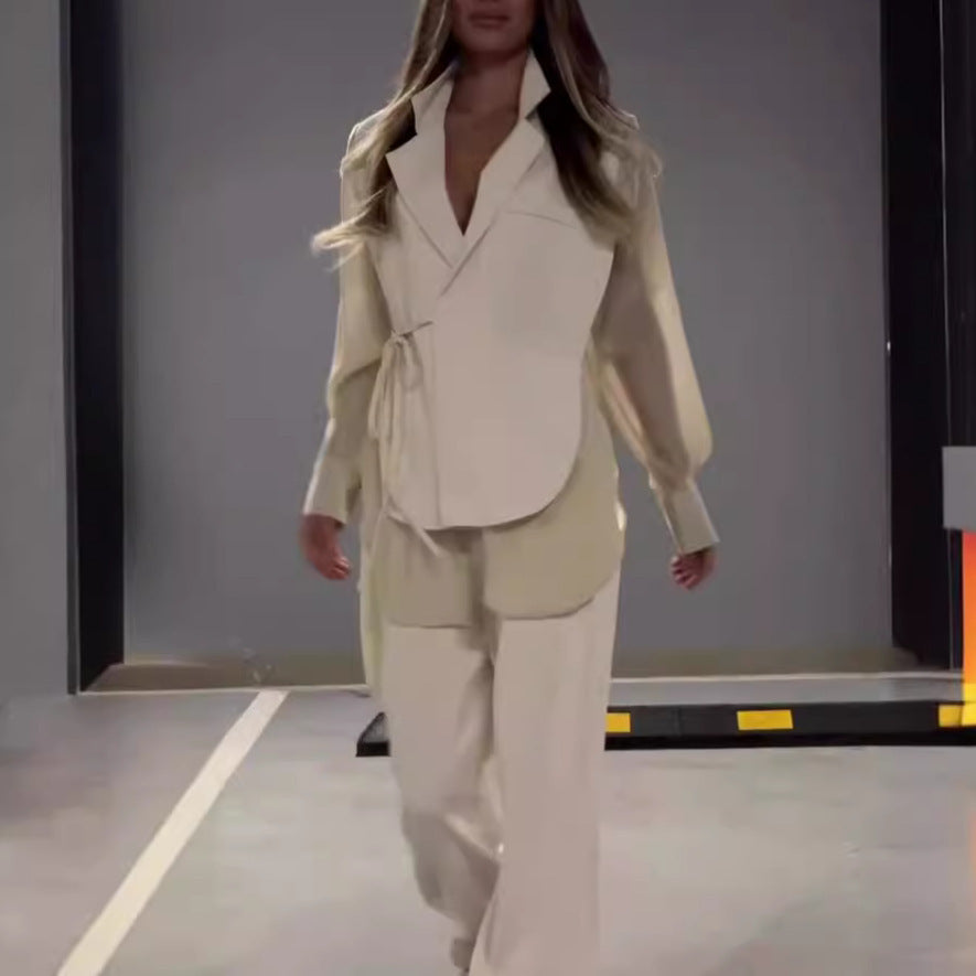 Ensemble pour femmes : haut en chiffon patchwork et pantalon à jambe droite