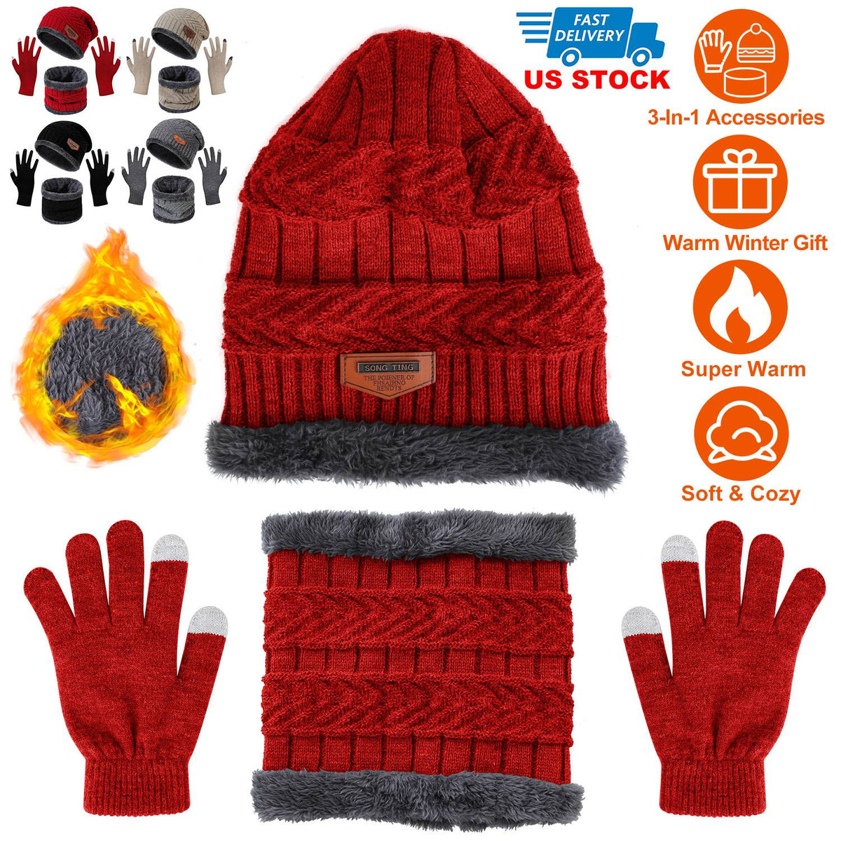 Knit Beanie, Scarf & Touchscreen Gloves 3-Piece Set
