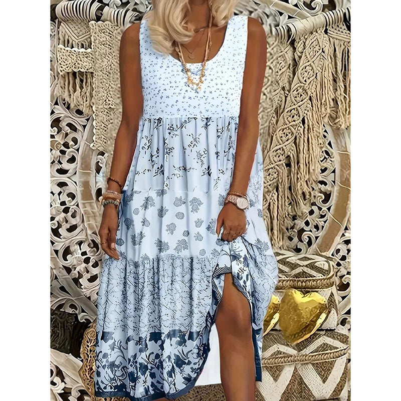 Robe longue bohème à imprimé floral grande taille , sans manches, à volants plissés