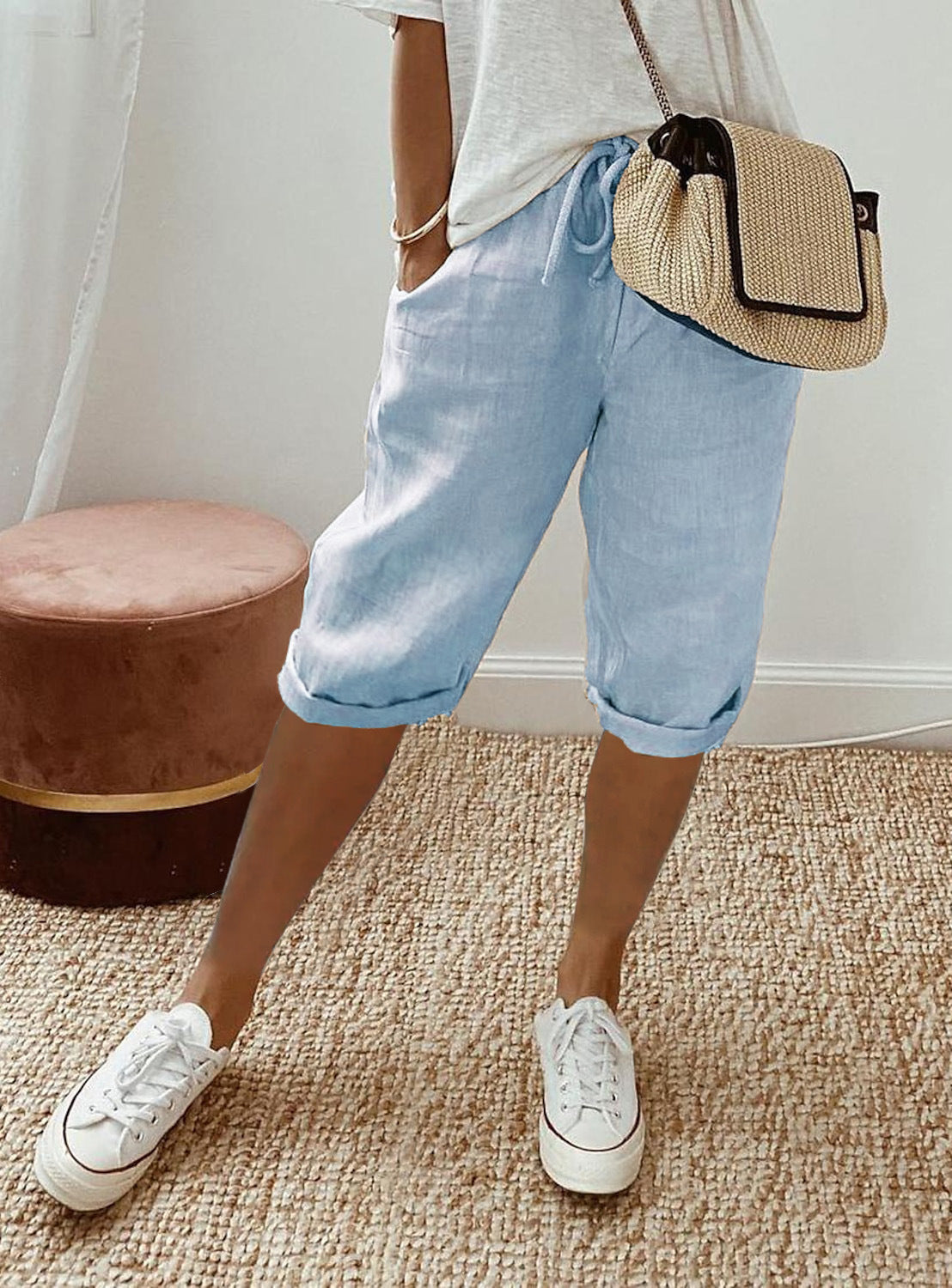 Pantalon Cinquième en Coton et Lin pour Femmes avec Poches et Taille Élastiquée