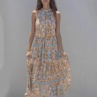 Robe longue bohème à manches longues, col en V, taille haute et imprimé floral