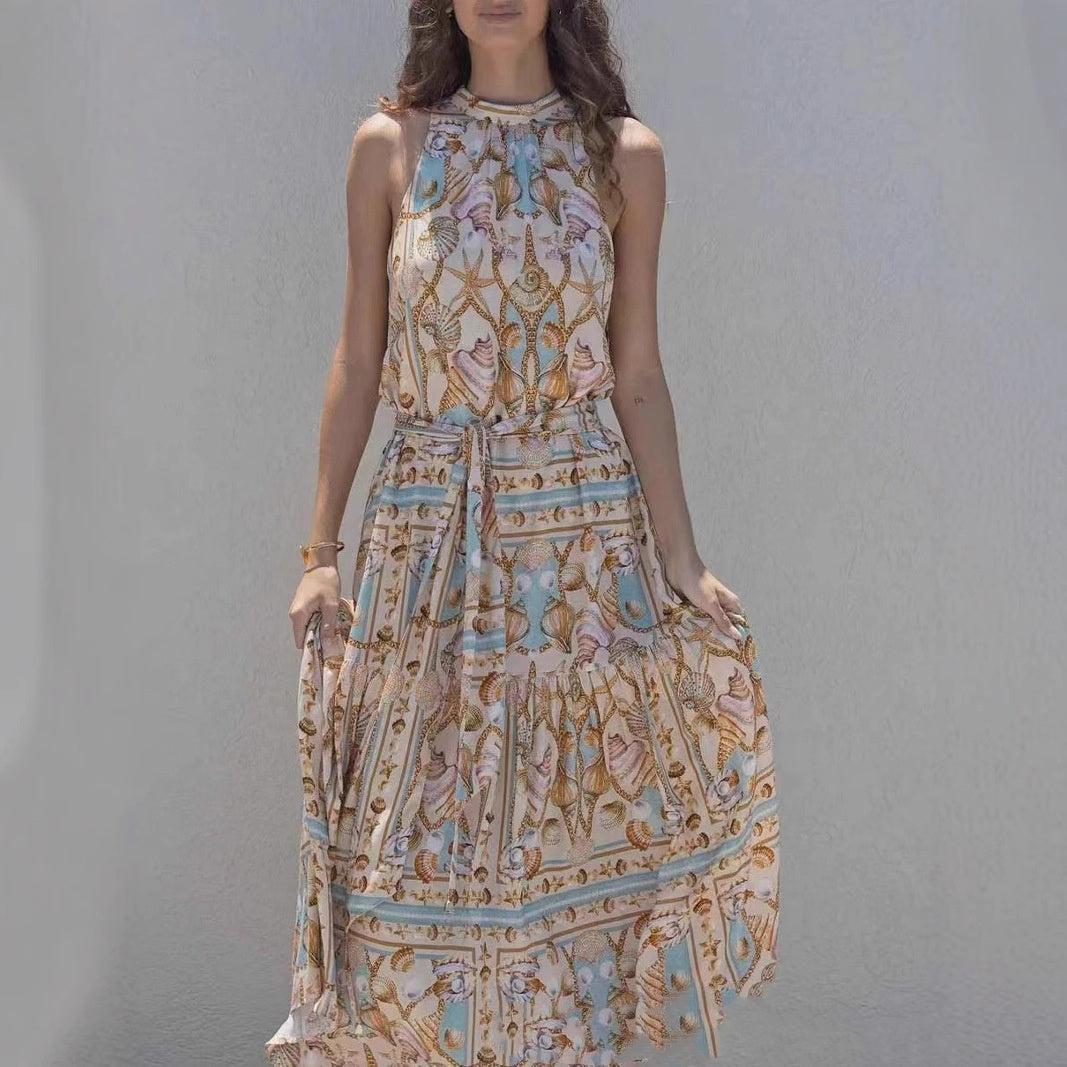 Robe longue bohème à manches longues, col en V, taille haute et imprimé floral
