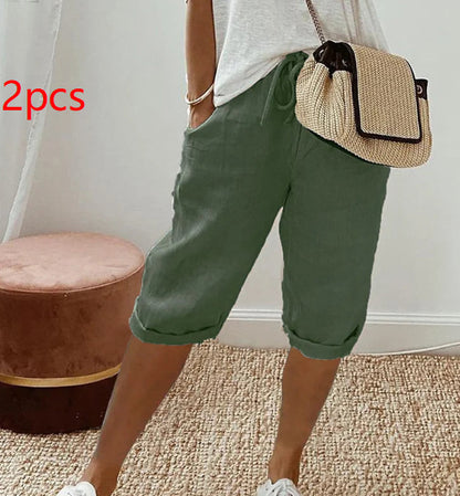 Pantalon Cinquième en Coton et Lin pour Femmes avec Poches et Taille Élastiquée