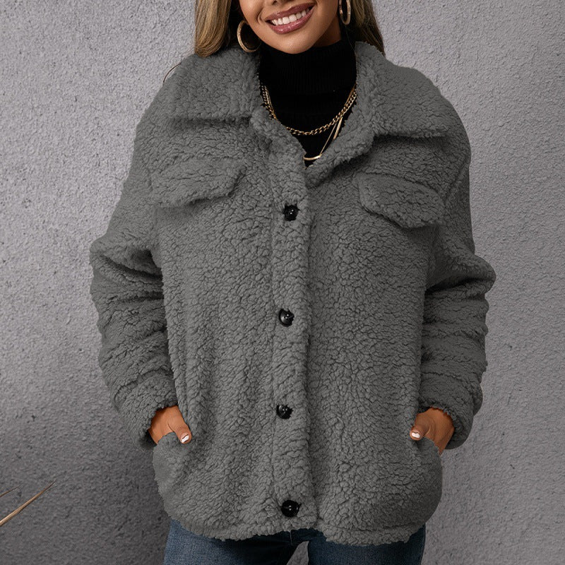 Women's Lapel Fleece Button Coat with Pockets