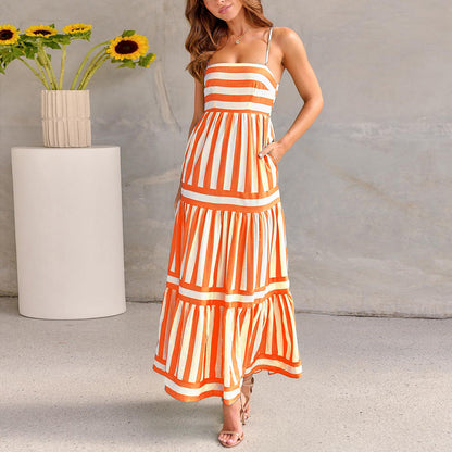 Robe Longue à Bretelles Rayée d'Été avec Poches