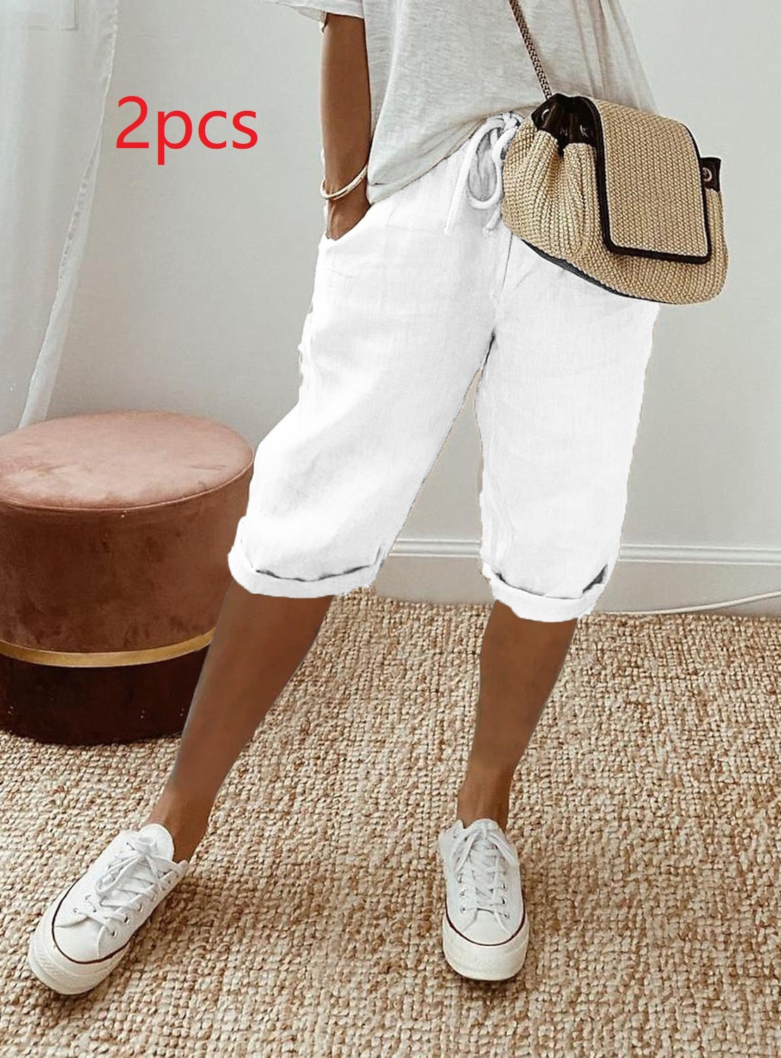 Pantalon Cinquième en Coton et Lin pour Femmes avec Poches et Taille Élastiquée