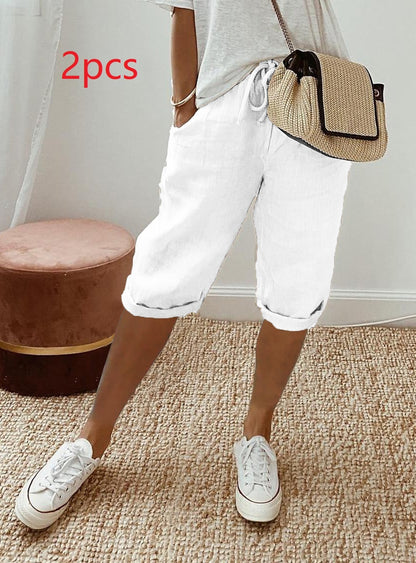 Pantalon Cinquième en Coton et Lin pour Femmes avec Poches et Taille Élastiquée
