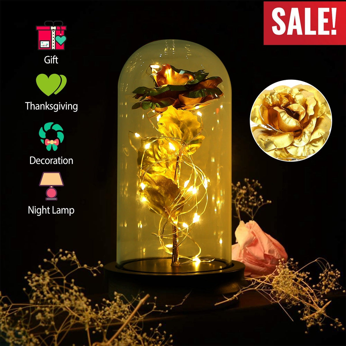 Enchanted Rose LED Lamp in Glass Dome