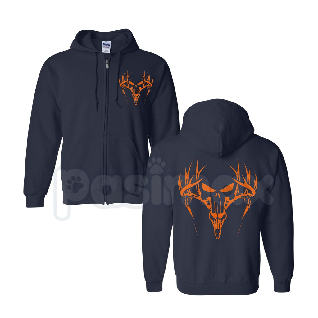 Orange Deer Antler Skull Hunting Graphic Zip-Up Hoodie – Blaze Orange Outdoorsman Outerwear, Wildlife Camo Style Sweatshirt