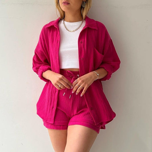 Ensemble Mode Printemps : Chemise à Revers Manche Longue & Short Taille Haute à Cordon – Grande Taille Chic et Décontractée