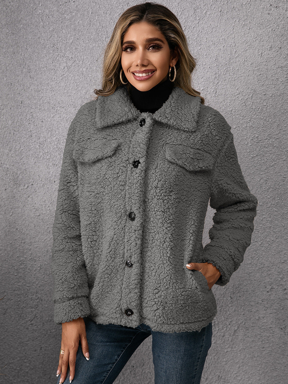 Women's Lapel Fleece Button Coat with Pockets
