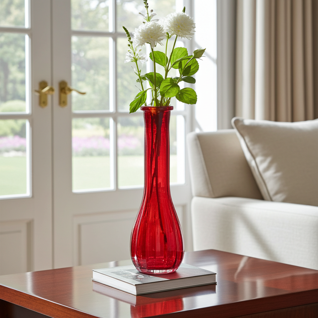 Vintage Ruby Red Ribbed Glass Bud Vase | 8.5"