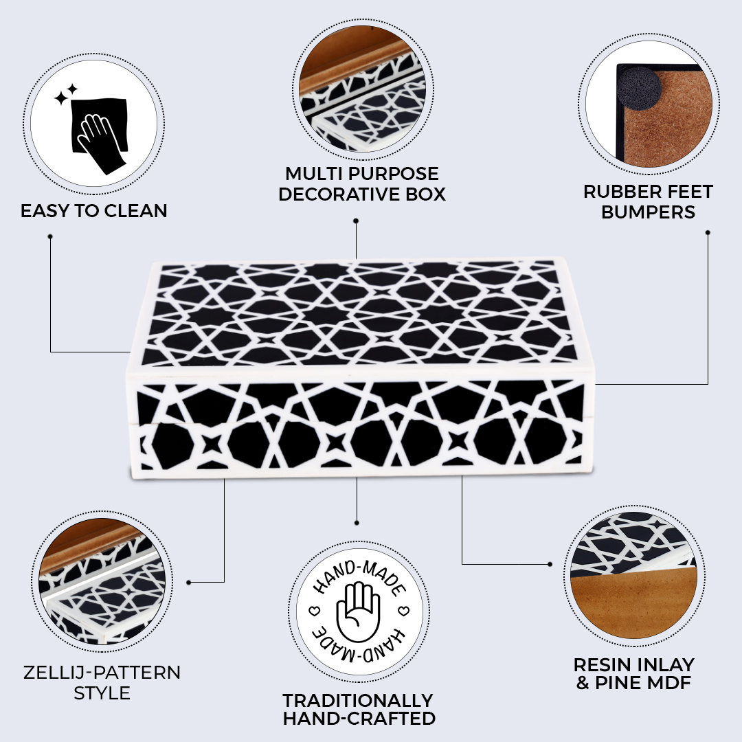 Zellij Black & White Resin Inlay Storage Box | 7 Sizes