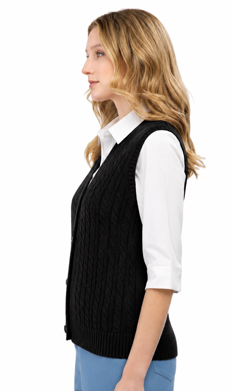 Women's Cable Knit Button-Front Sweater Vest