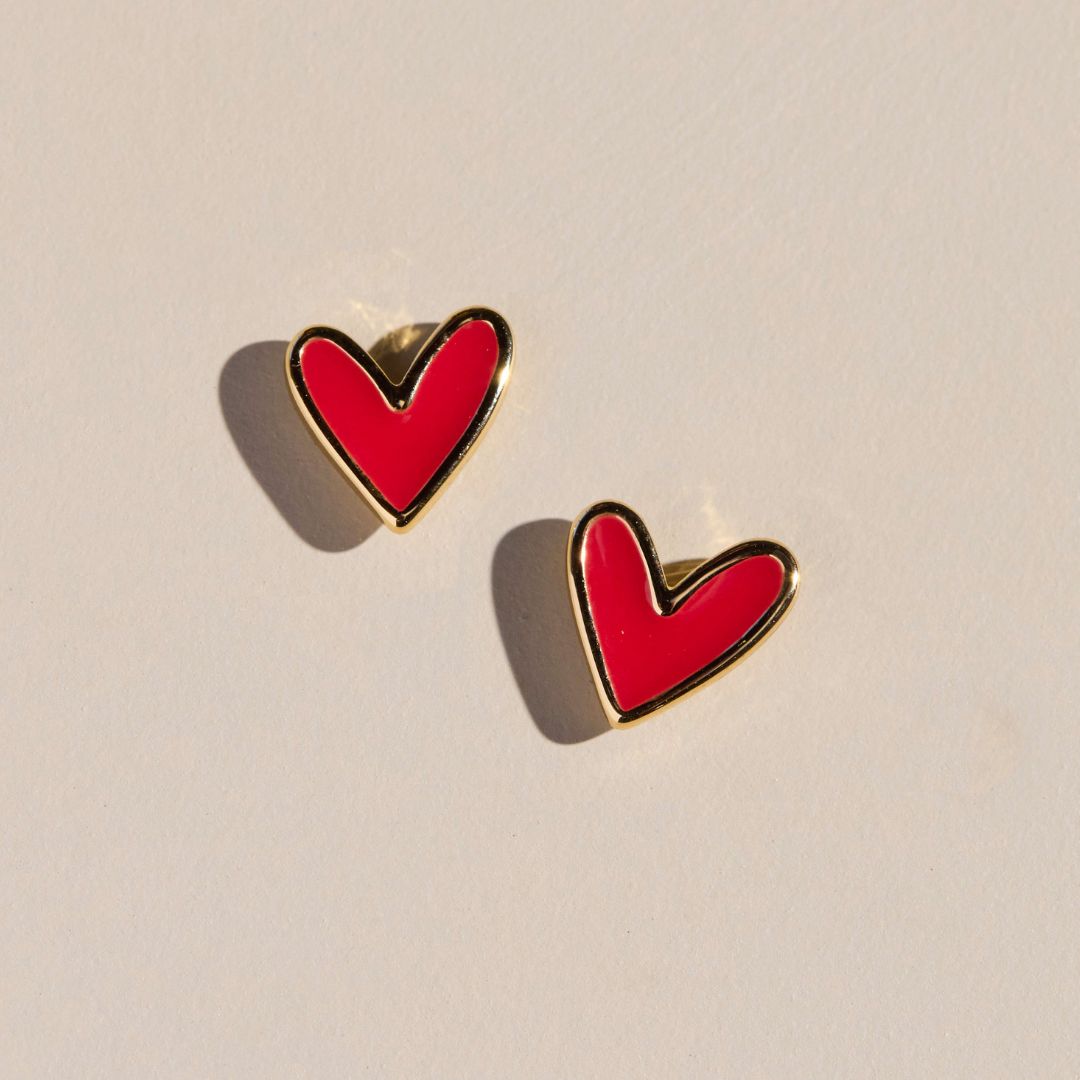 Red crimson heart stud earrings