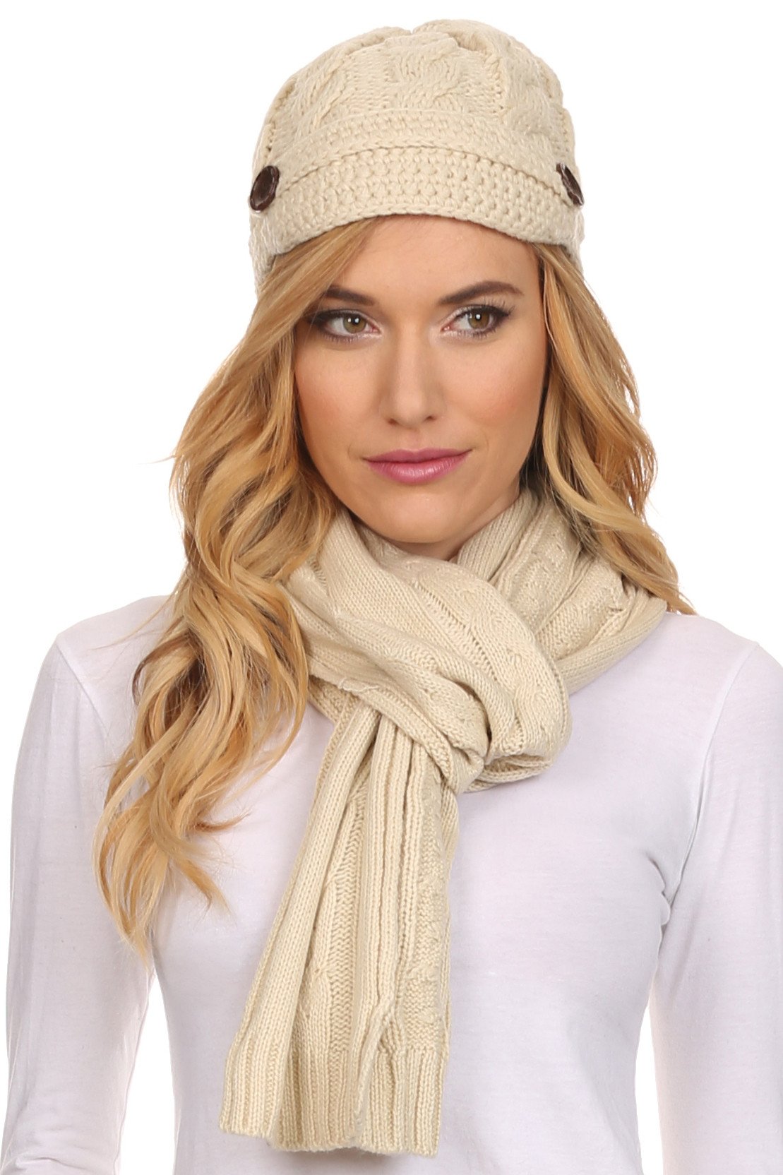 Sakkas Cable Knit Visor Beanie & Scarf Set