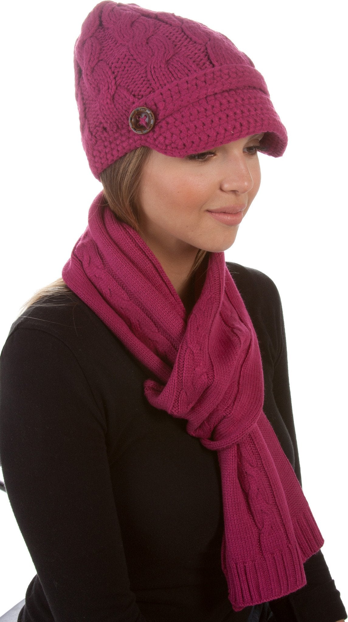 Sakkas Cable Knit Visor Beanie & Scarf Set