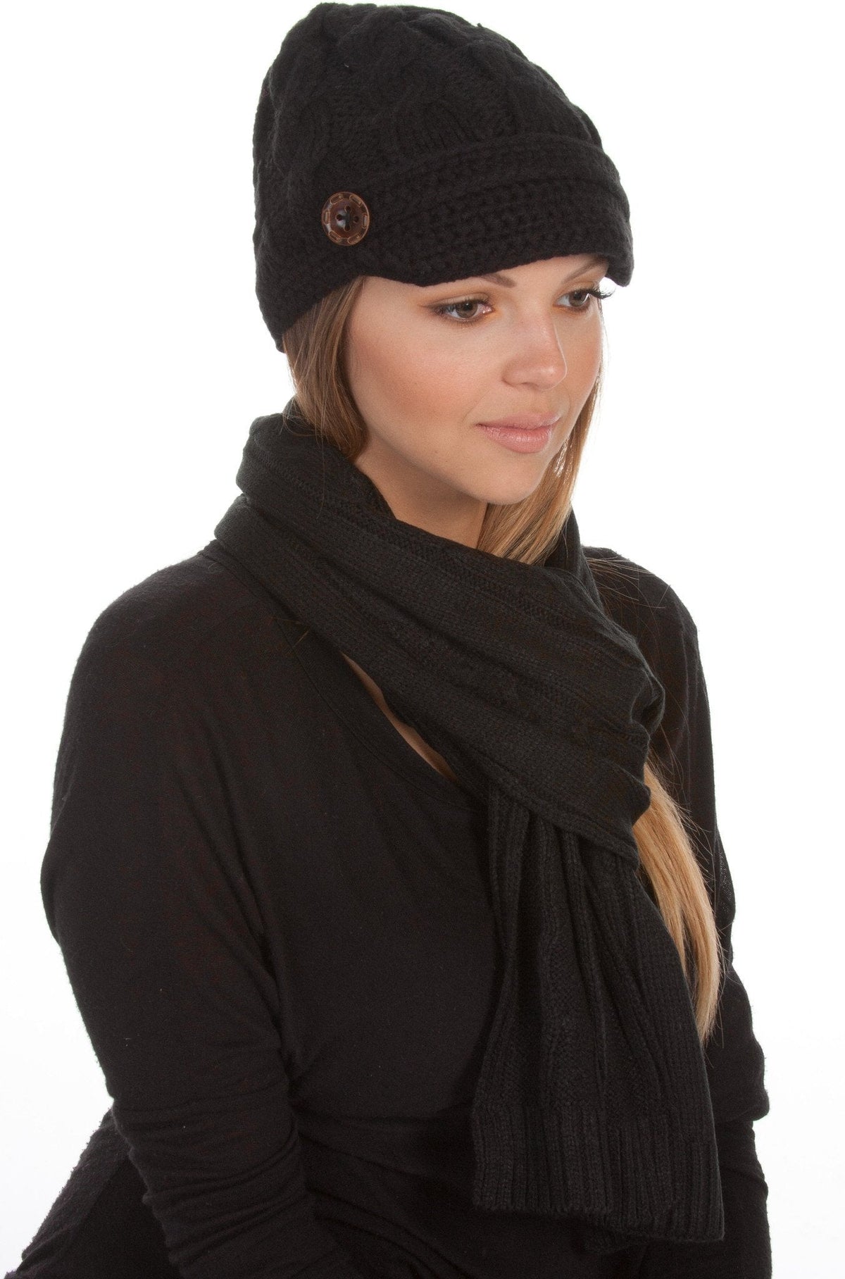 Sakkas Cable Knit Visor Beanie & Scarf Set