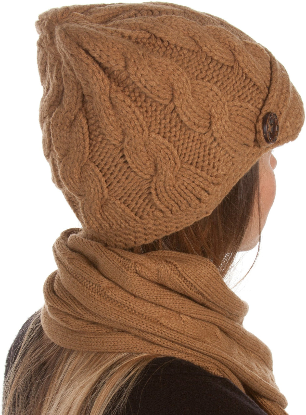 Sakkas Cable Knit Visor Beanie & Scarf Set