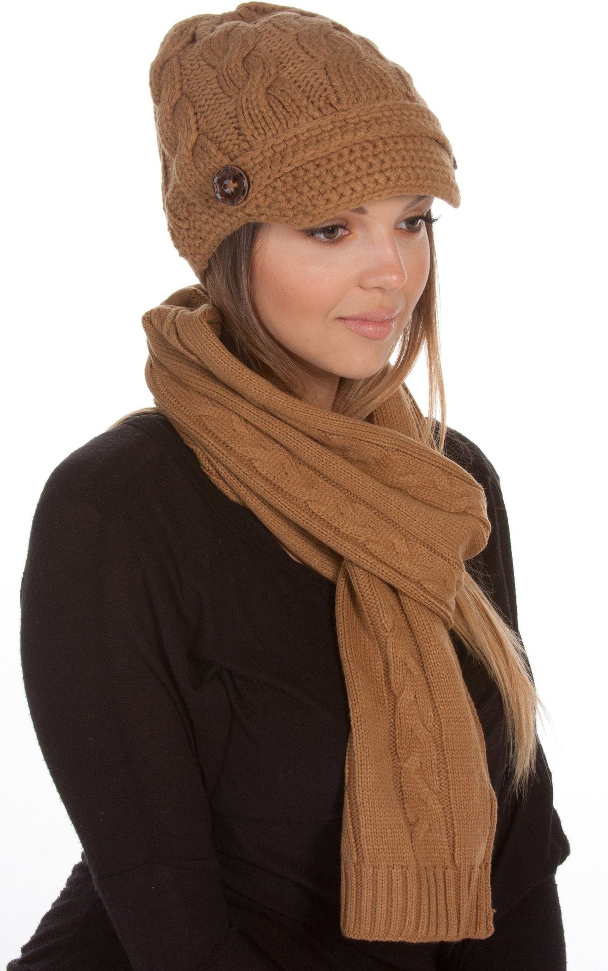 Sakkas Cable Knit Visor Beanie & Scarf Set