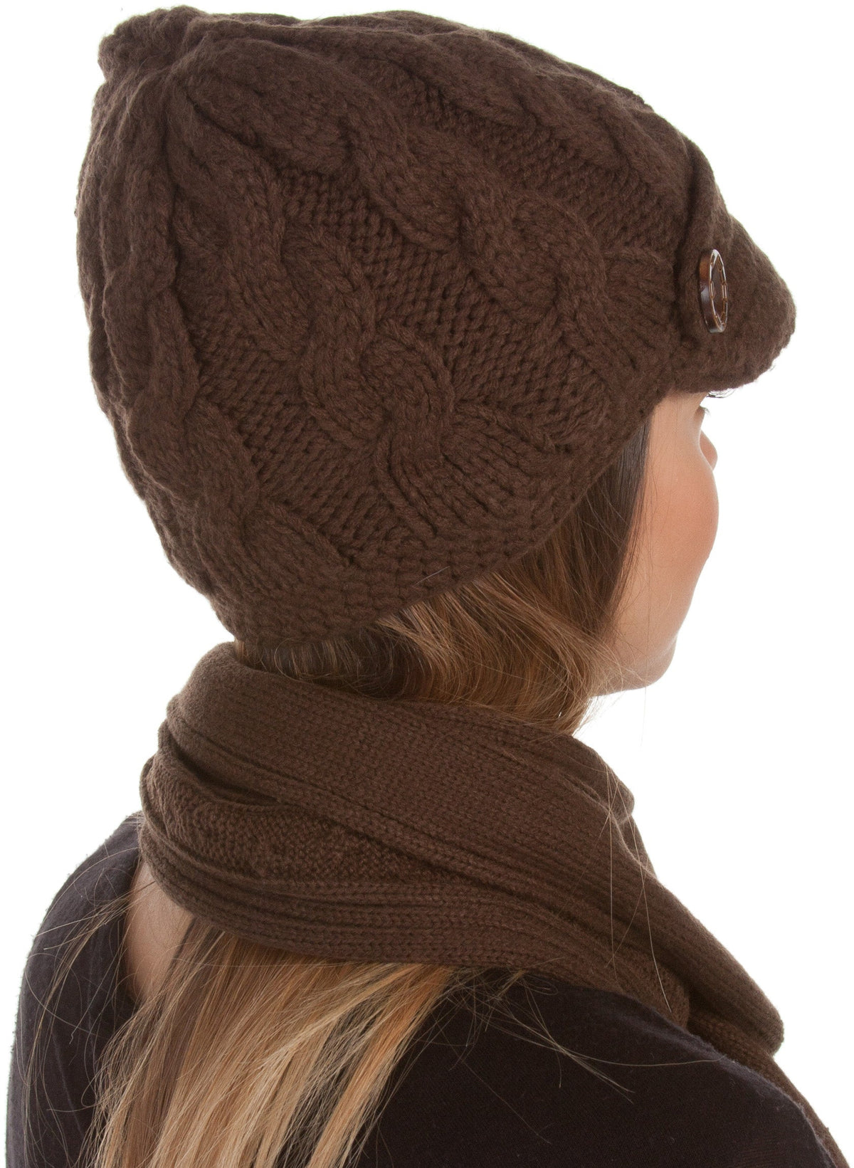 Sakkas Cable Knit Visor Beanie & Scarf Set