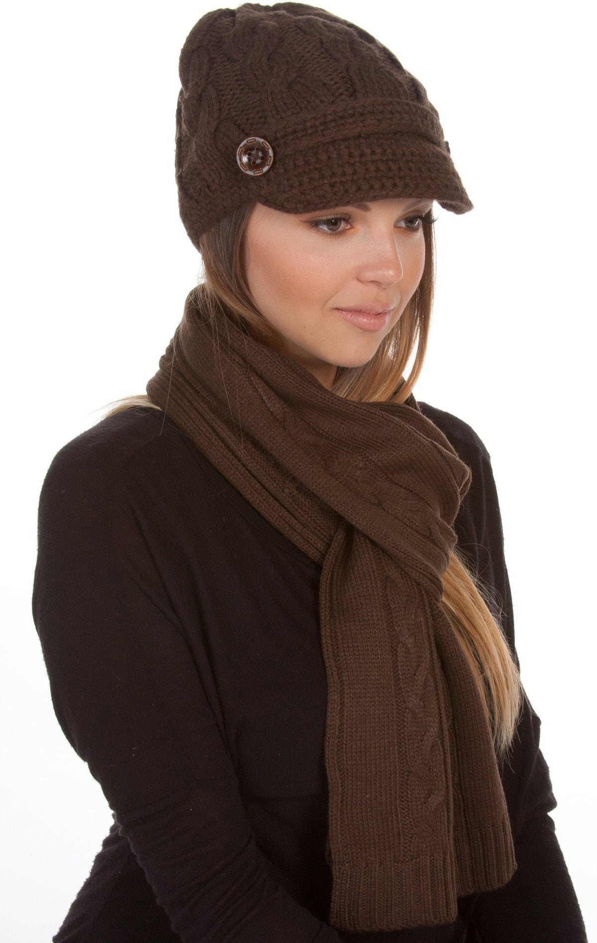 Sakkas Cable Knit Visor Beanie & Scarf Set