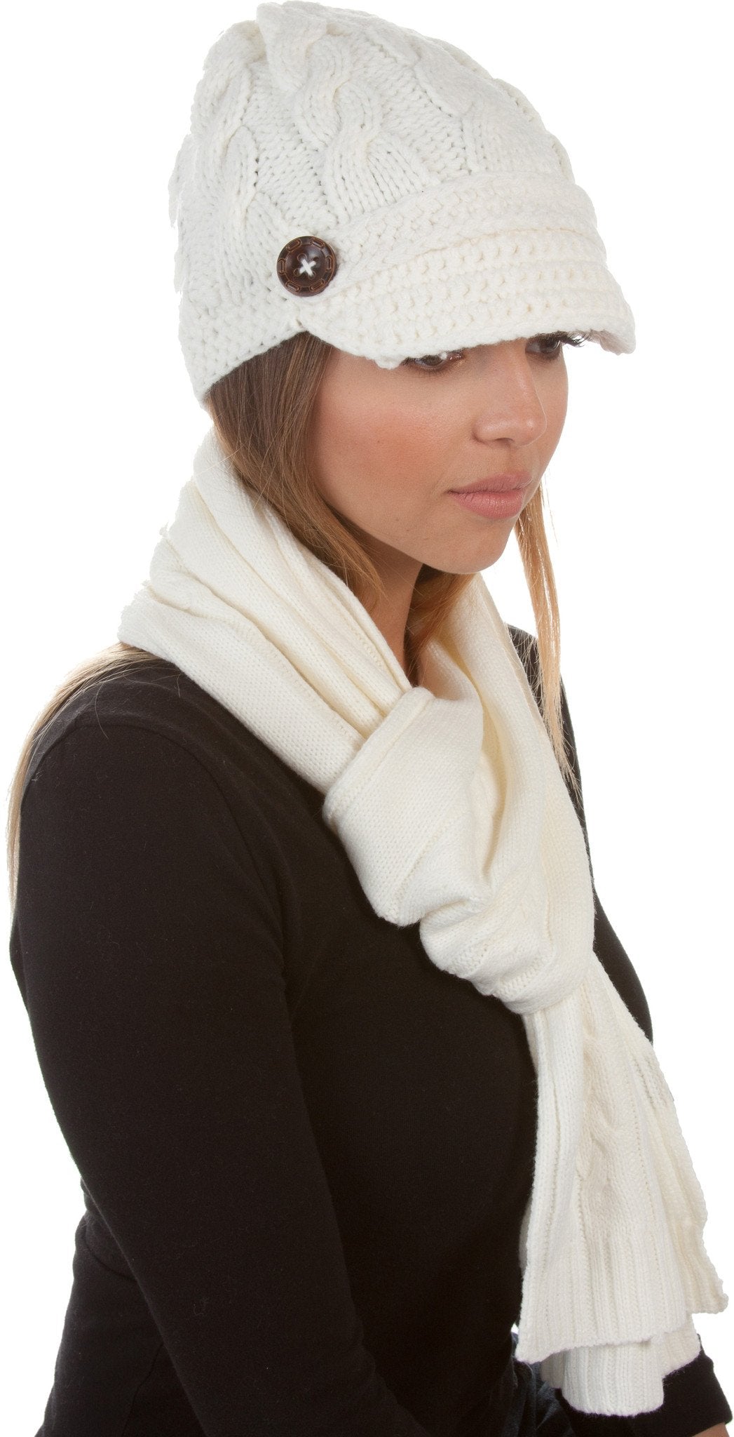 Sakkas Cable Knit Visor Beanie & Scarf Set