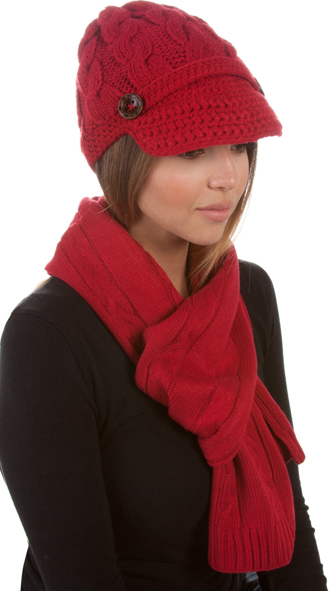 Sakkas Cable Knit Visor Beanie & Scarf Set