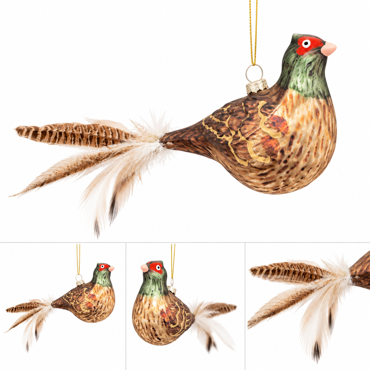 Bronze & Green Glass Bird Ornament with Feather Tail