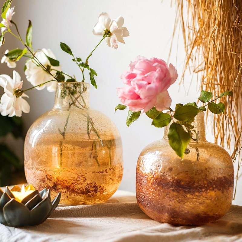 Hand-Blown Amber Bubble Glass Bud Vase | Small & Large