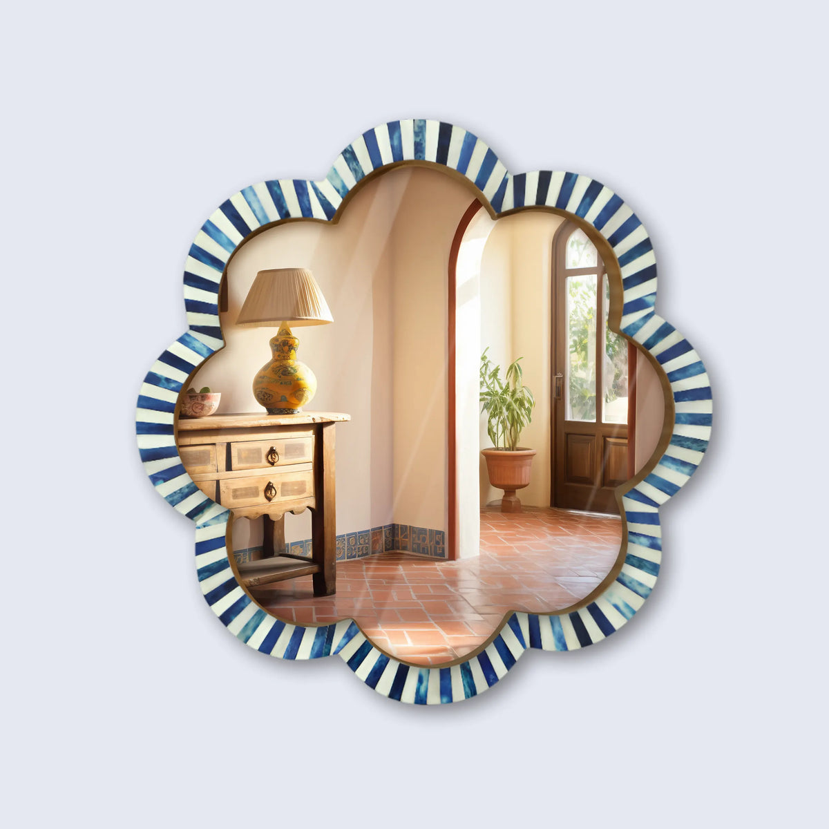 Blue & White Scalloped Bone Inlay Round Wall Mirror | 18" | Made to Order