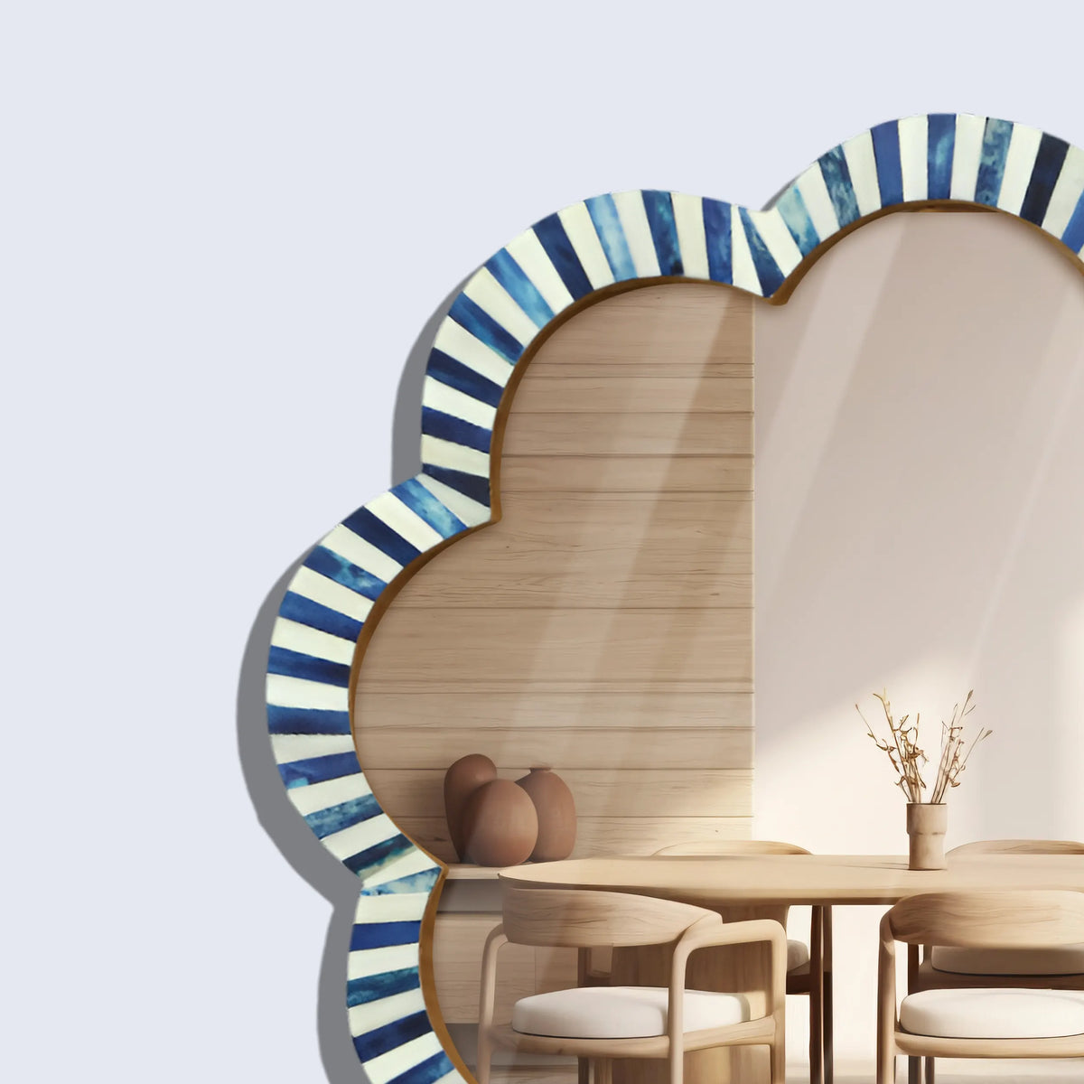 Blue & White Scalloped Bone Inlay Round Wall Mirror | 18" | Made to Order