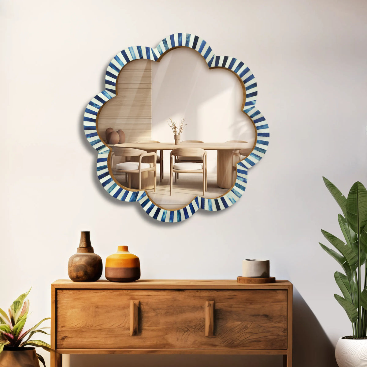 Blue & White Scalloped Bone Inlay Round Wall Mirror | 18" | Made to Order