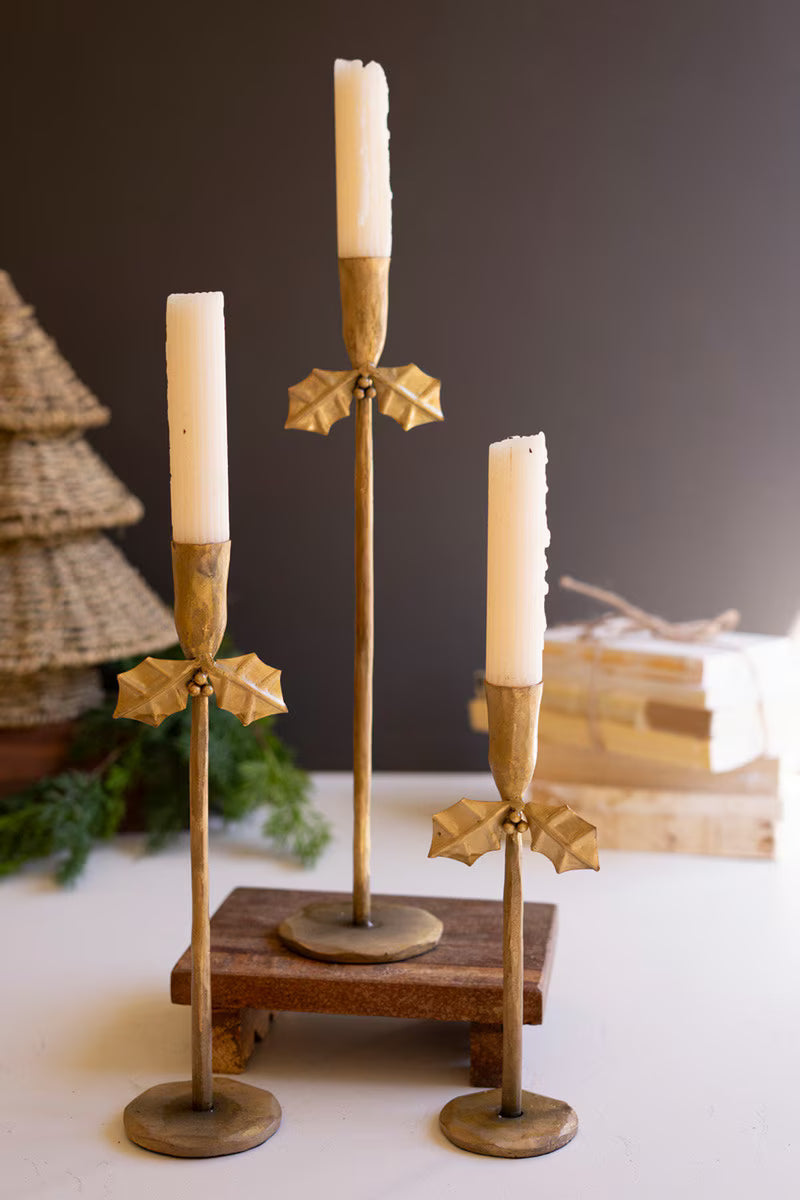 Antique Gold Holly Taper Candle Holder – Forged Iron, 3 Sizes