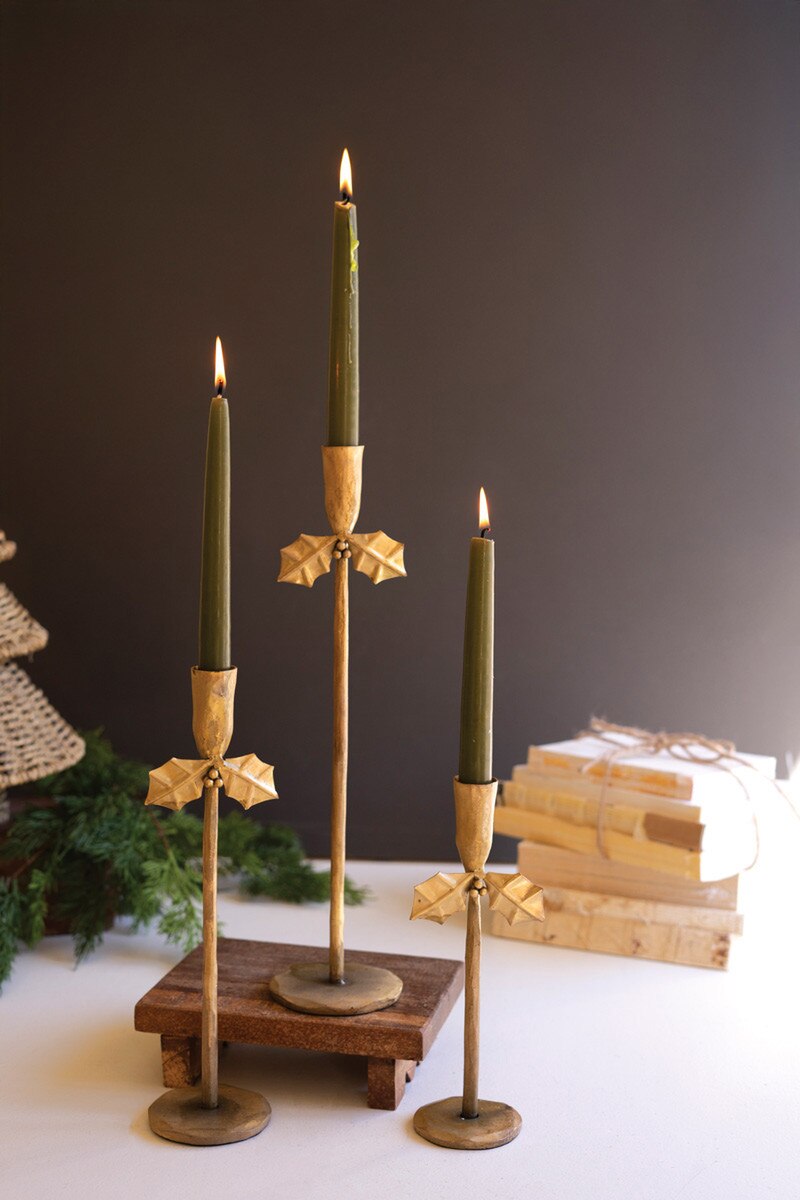 Antique Gold Holly Taper Candle Holder – Forged Iron, 3 Sizes