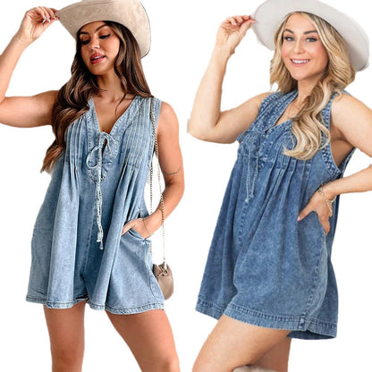 Combinaison en Jean Sans Manches avec Manches Courtes et Short – Style Décontracté d’Été