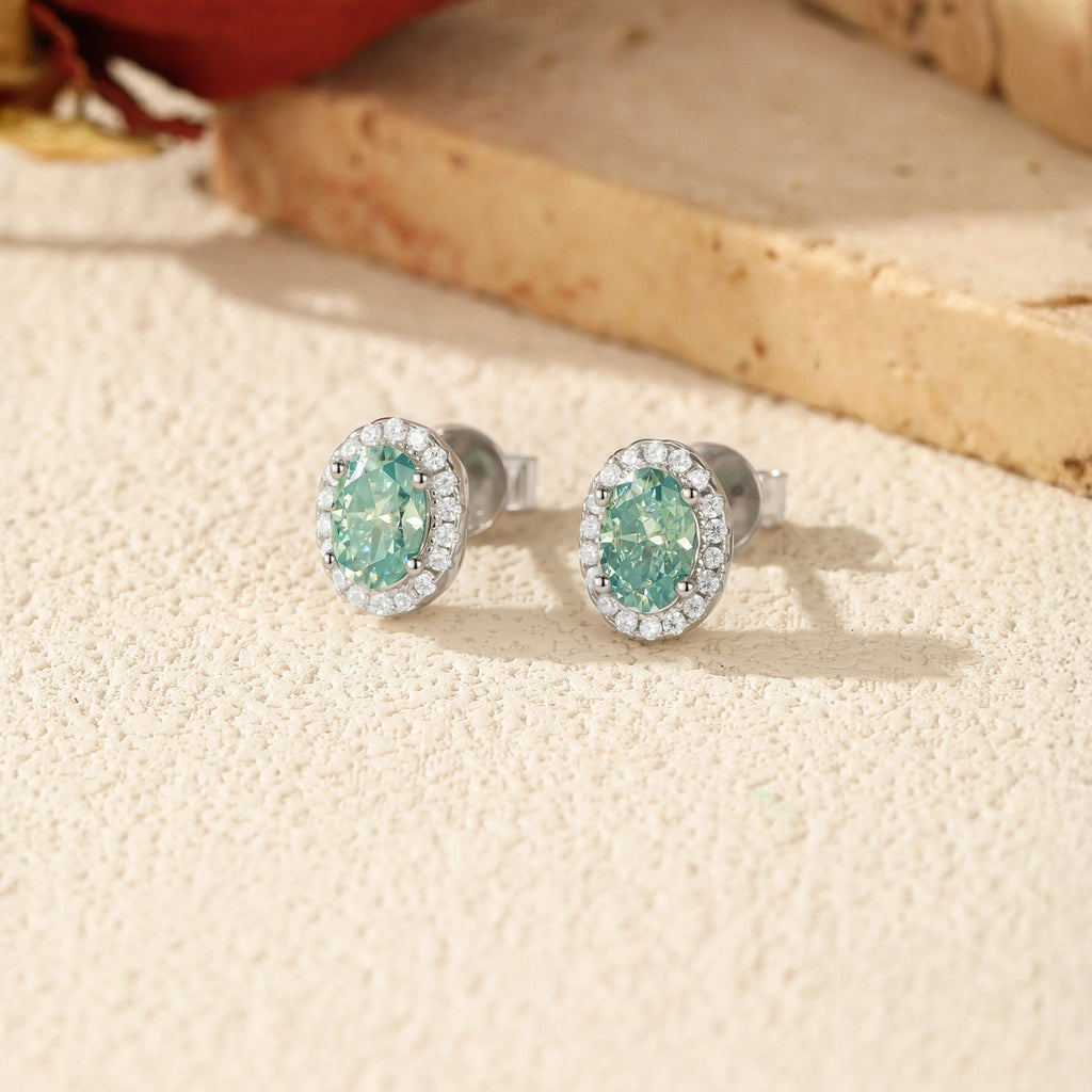 Oval Green Moissanite Stud Earrings | Sterling Silver