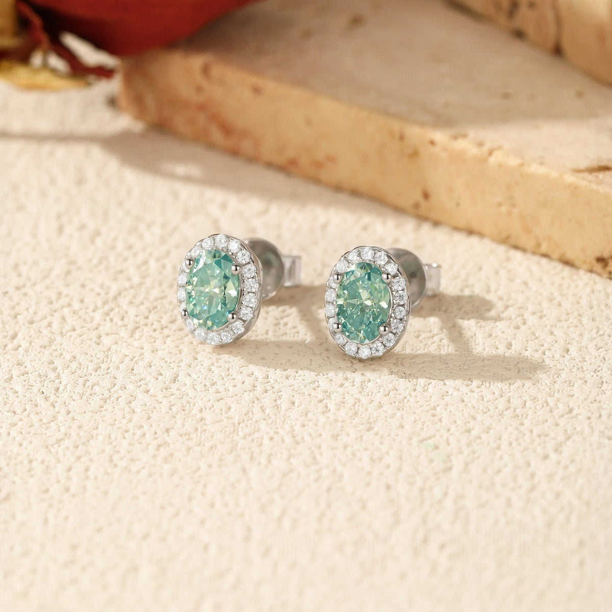 Oval Green Moissanite Stud Earrings | Sterling Silver