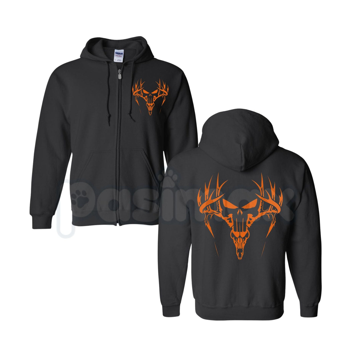 Orange Deer Antler Skull Hunting Graphic Zip-Up Hoodie – Blaze Orange Outdoorsman Outerwear, Wildlife Camo Style Sweatshirt