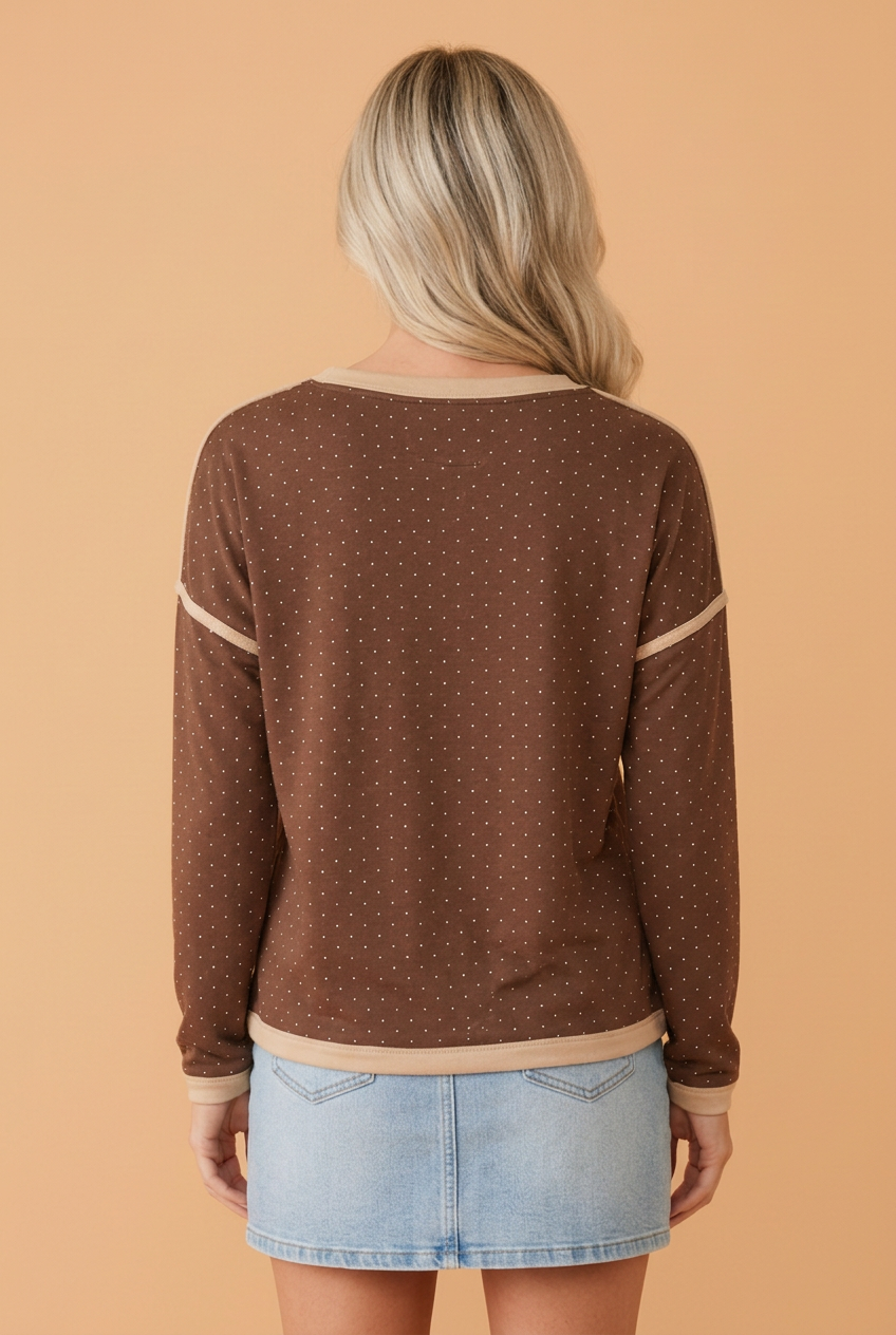 Polka Dot Contrast Trim Long Sleeve Top