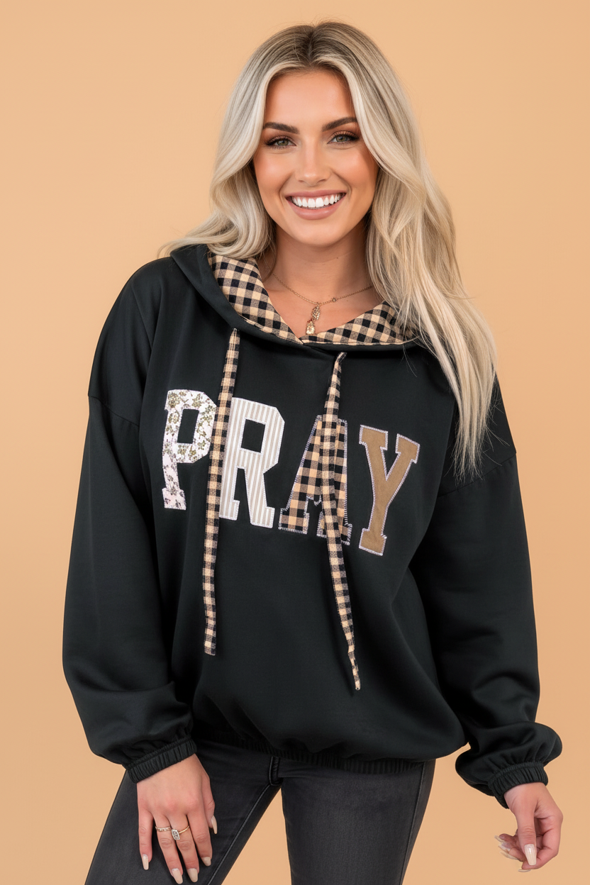 PRAY Letter Print Patchwork Drawstring Hoodie