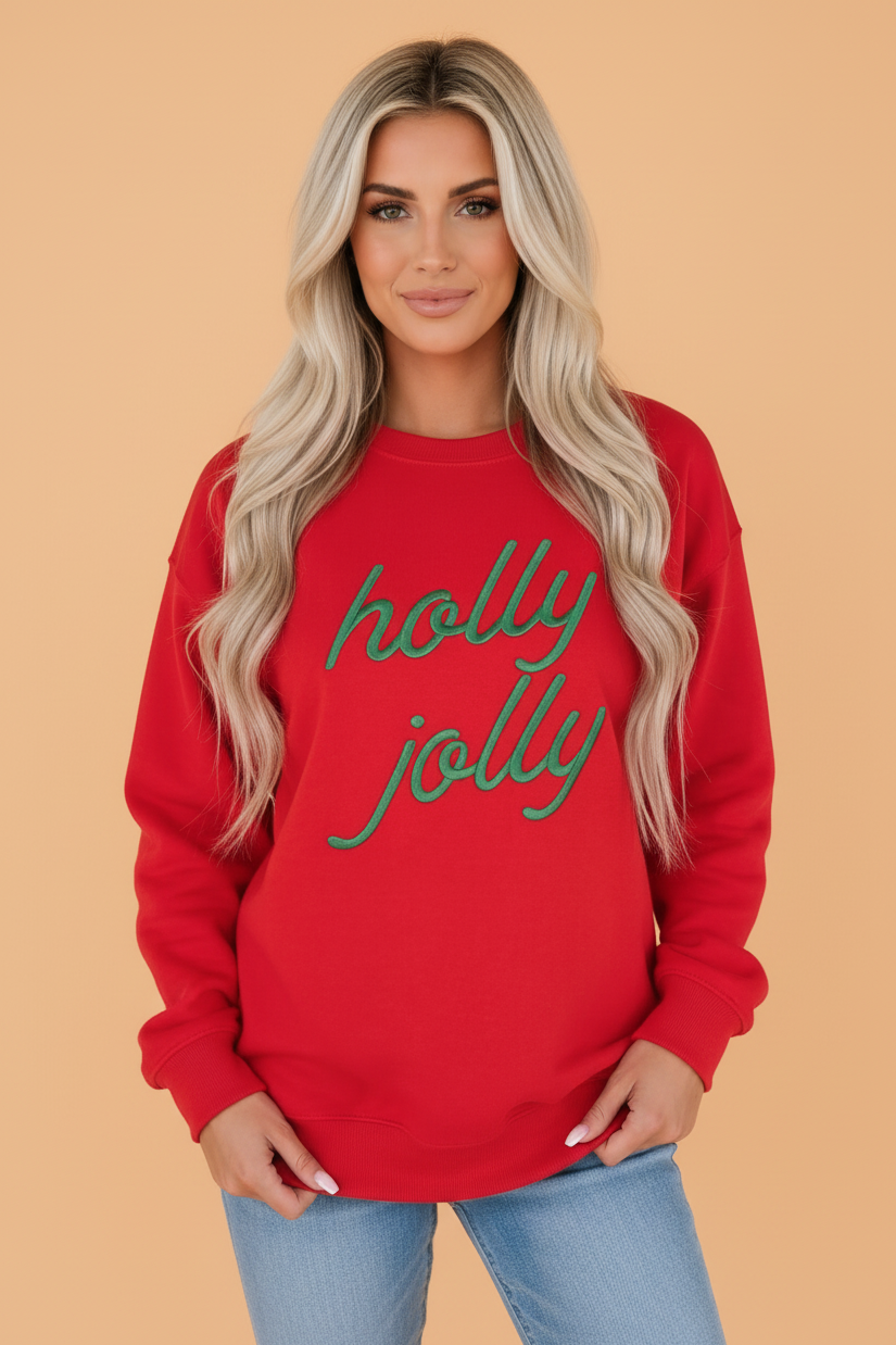 Christmas Holly Jolly Embroidered Letter Sweatshirt