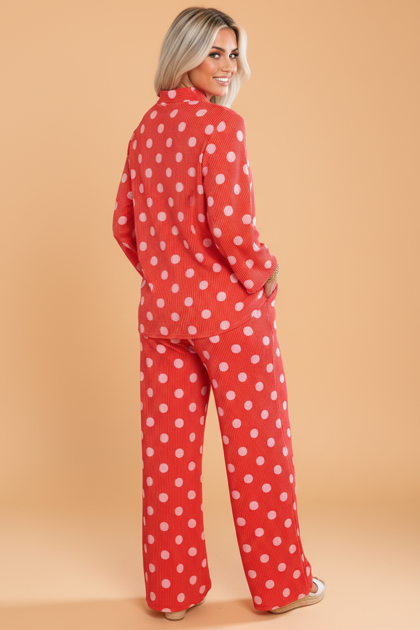 Polka Dot Ribbed Knit Mock Neck Top & Pants Set