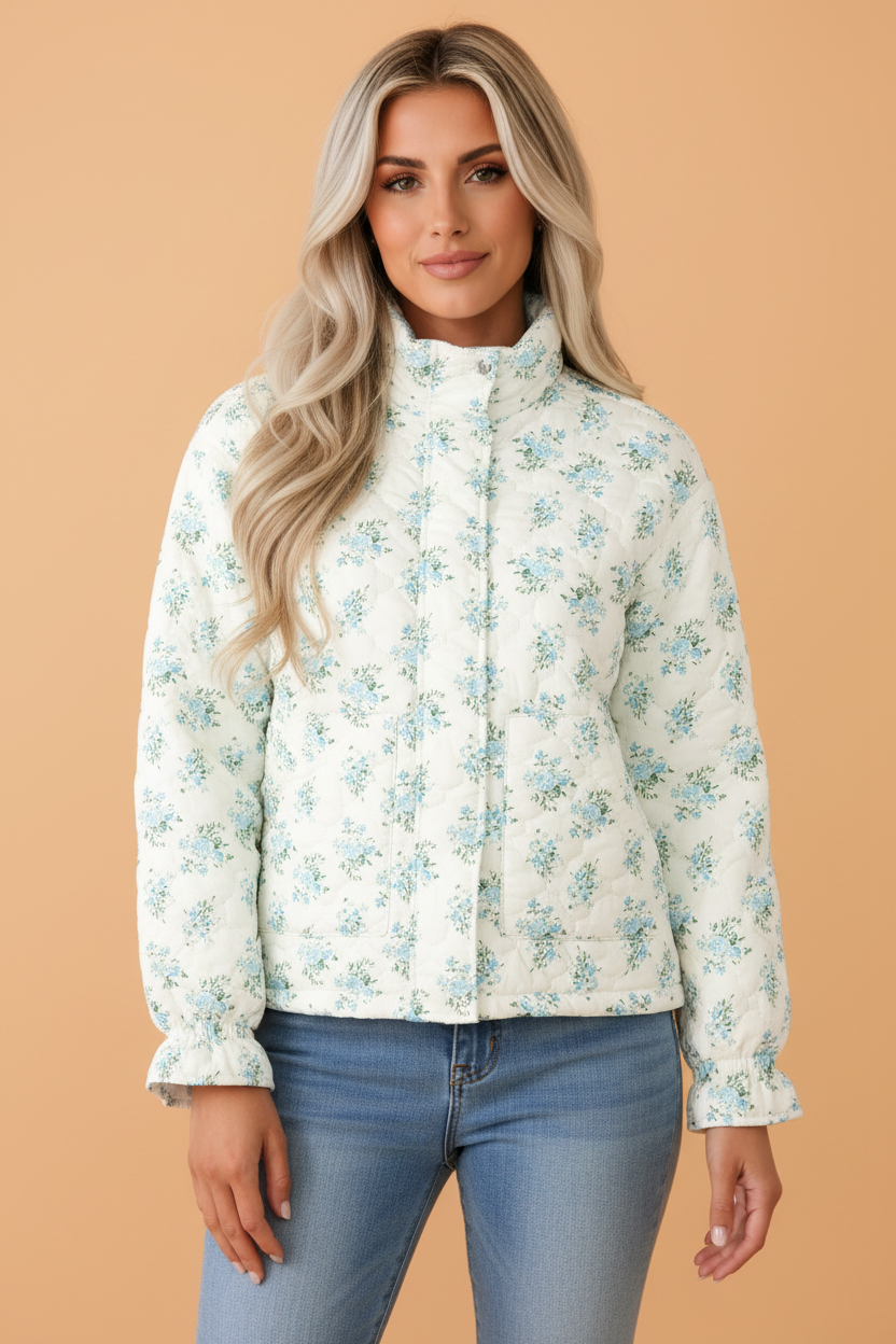 Floral Quilted Ruffle Sleeve Puffer Coat w/ Pockets