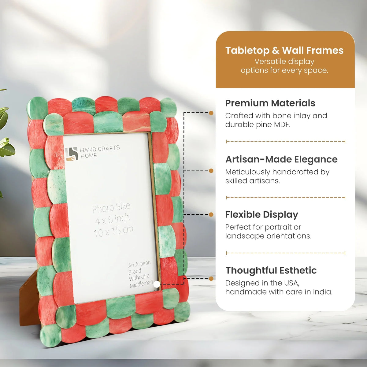 Scalloped Bone Inlay Picture Frame – Green & Red | 3 Sizes