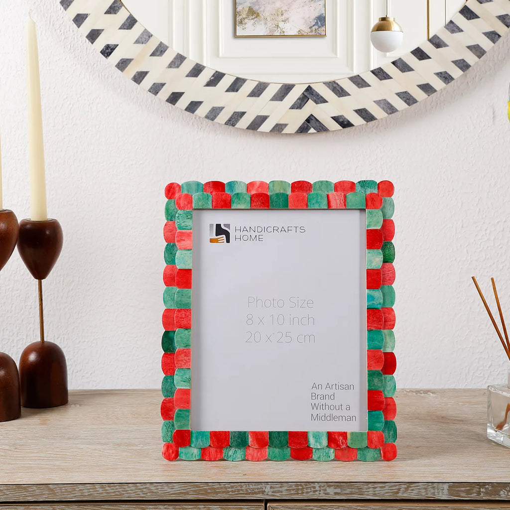 Scalloped Bone Inlay Picture Frame – Green & Red | 3 Sizes