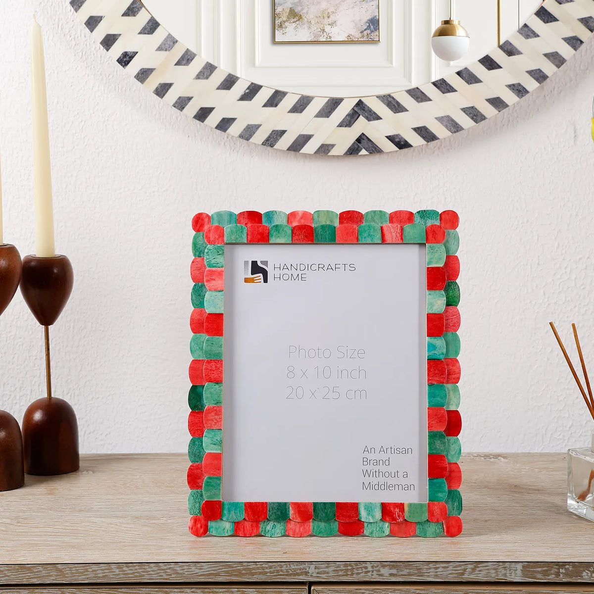 Scalloped Bone Inlay Picture Frame – Green & Red | 3 Sizes