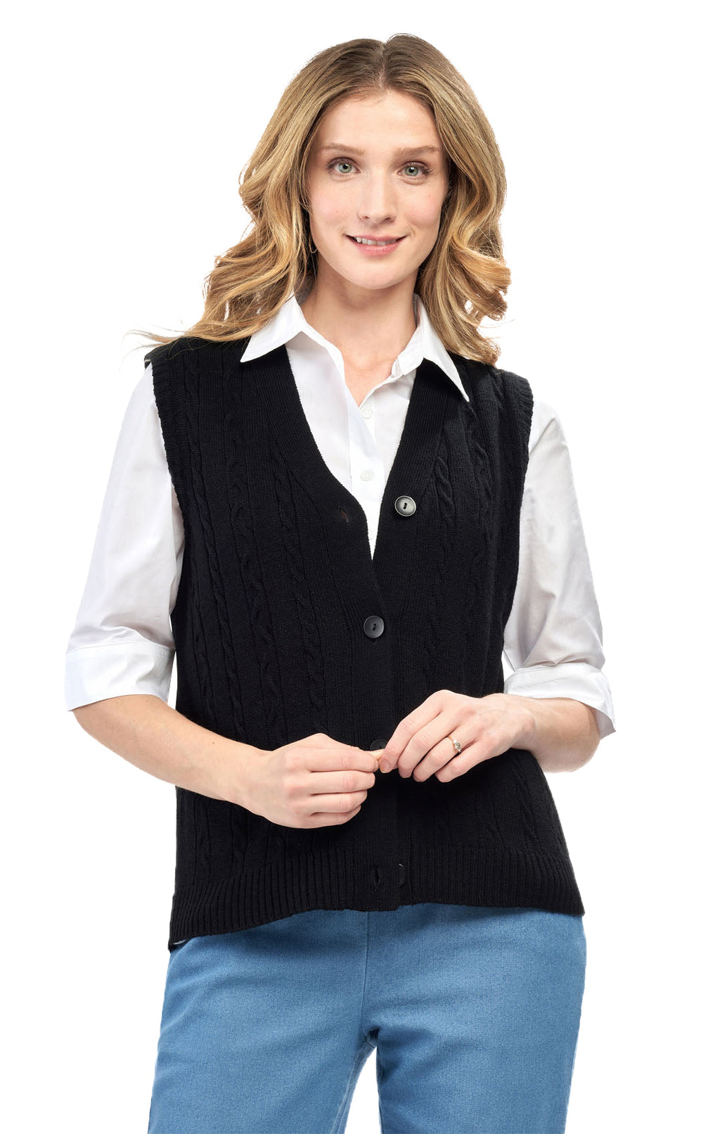 Women's cable knit button-front sweater vest